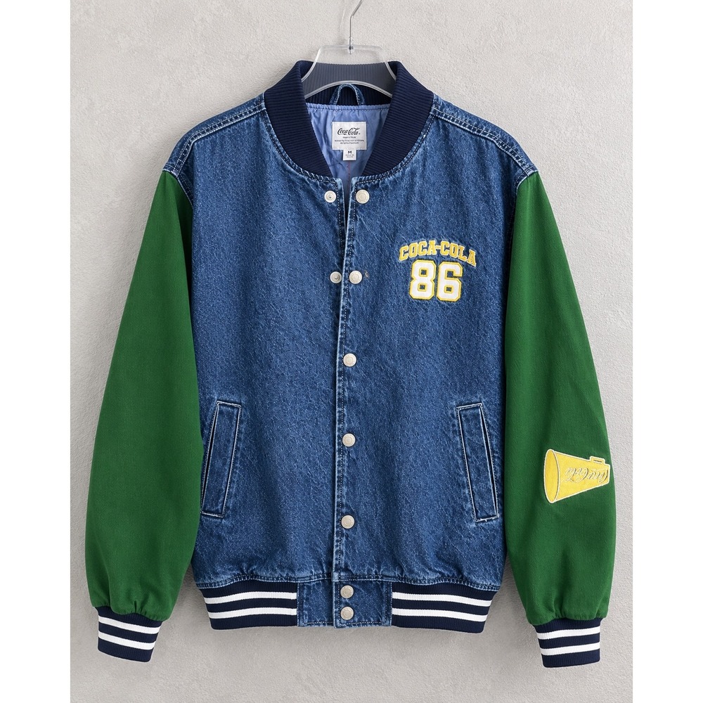 Coca-Cola 86 Denim Varsity Jacket Mens 1886 embroidered Medium Green Blue Lette